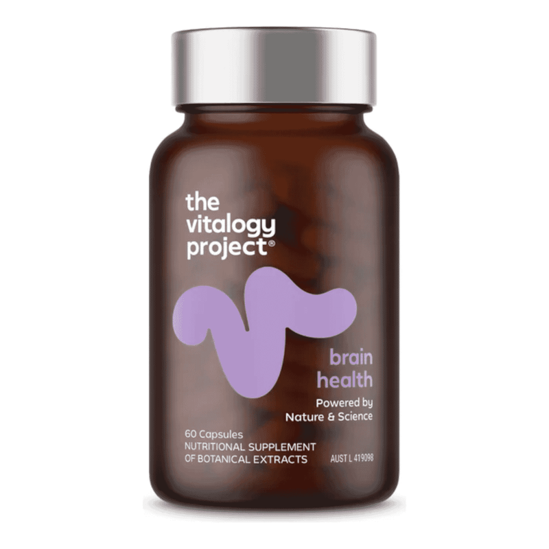 The Vitality Project Brain Health supplement bottle with 60 capsules, featuring the product label and branding.