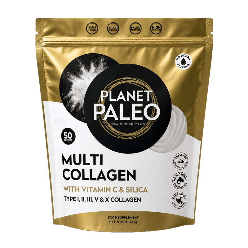 Planet Paleo Multi Collagen Powder 450g in a jar, showing the label and packaging for collagen supplement.