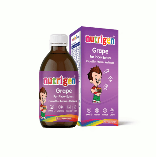 Nutrigen Grape Syrup for Picky Eaters in 200ml bottle, with a clear label and purple grape illustrations on the packaging.