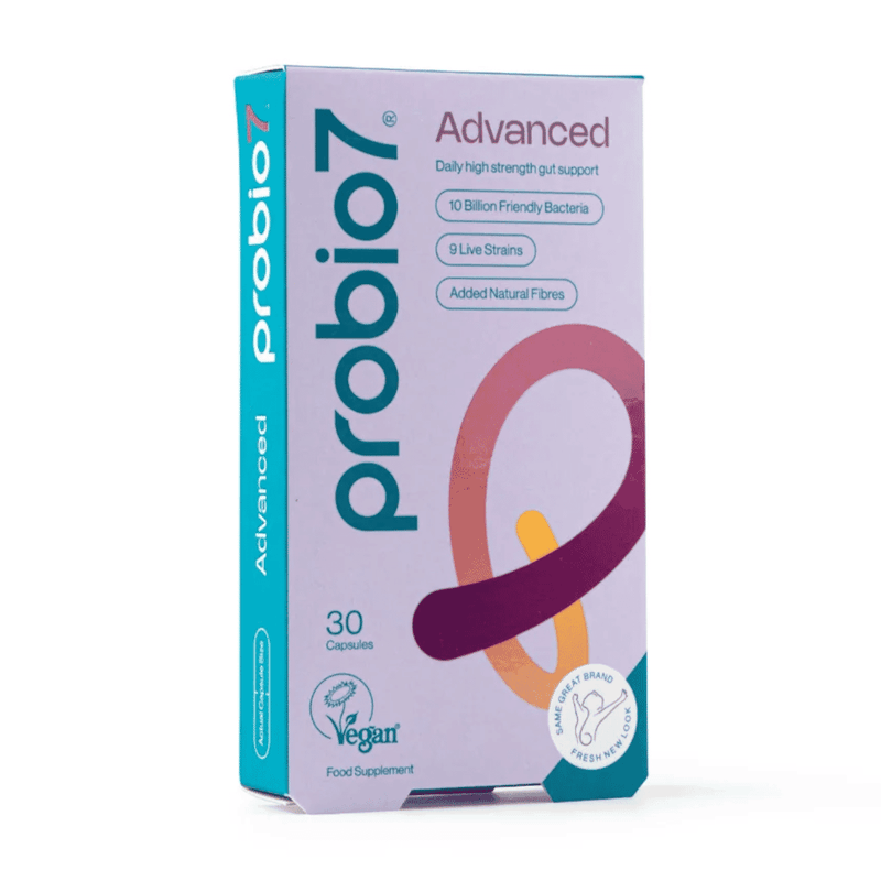 Probio7 Advanced probiotic supplement bottle with 30 capsules, featuring a white label and green accents on a white background.