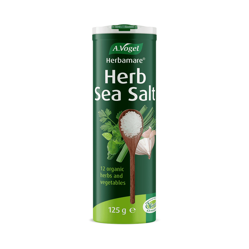 A Vogel BioForce Herbamare herb sea salt shaker with 125g label, featuring a blend of herbs and sea salt in a clear container.