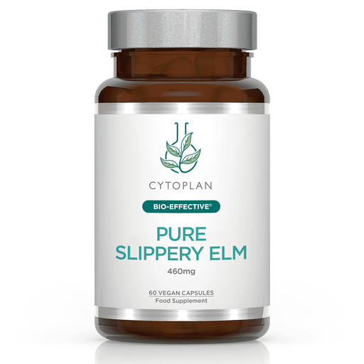 Cytoplan Pure Slippery Elm 460mg supplement capsules in a bottle, natural herbal remedy for soothing throat and digestive health