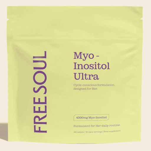 Close-up of Free Soul Myo-Inositol Ultra supplement bottle showing the label and capsules inside.