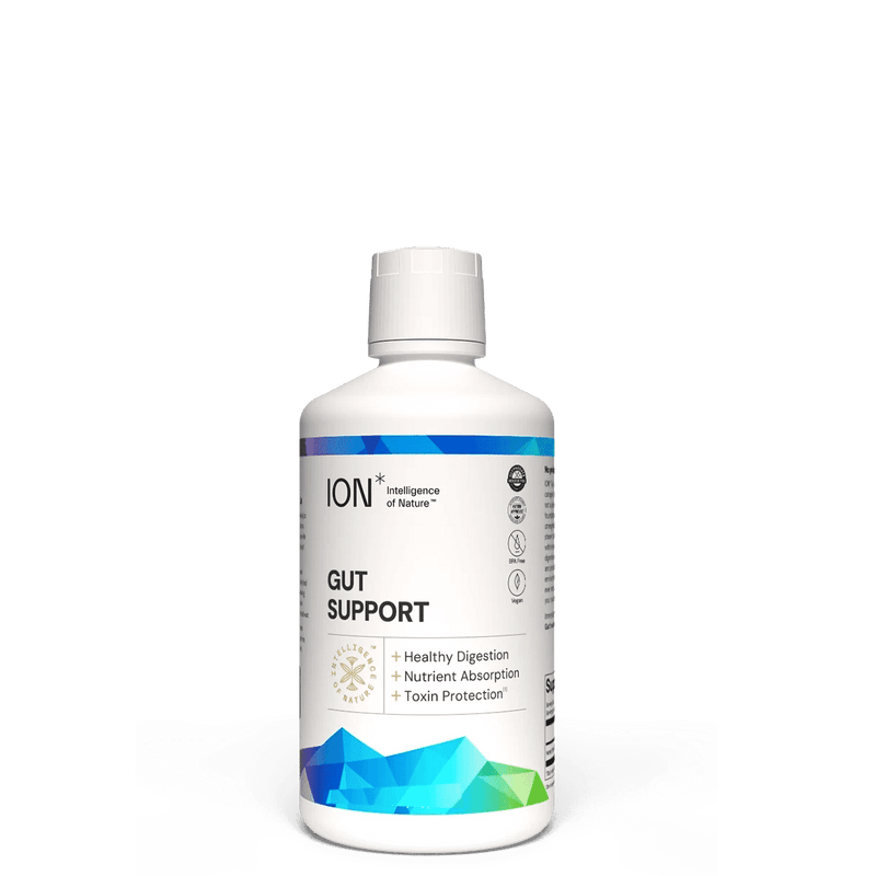 Bottle of Intelligence of Nature (ION) Gut Support 100ml supplement with natural ingredients and label details.