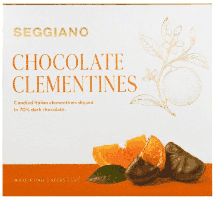 Seggiano Chocolate Clementines 120g, chocolate-covered clementine pieces in a package
