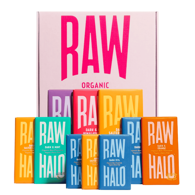 Raw Halo Organic Chocolate Dark Gift Collection with 10 bars, featuring rich, dark chocolate in a visually appealing gift box.