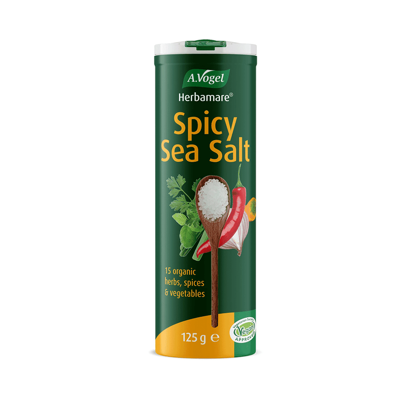 A Vogel BioForce Herbamare Spicy Sea Salt 125g jar with label, featuring herbs and sea salt in a clear glass container.