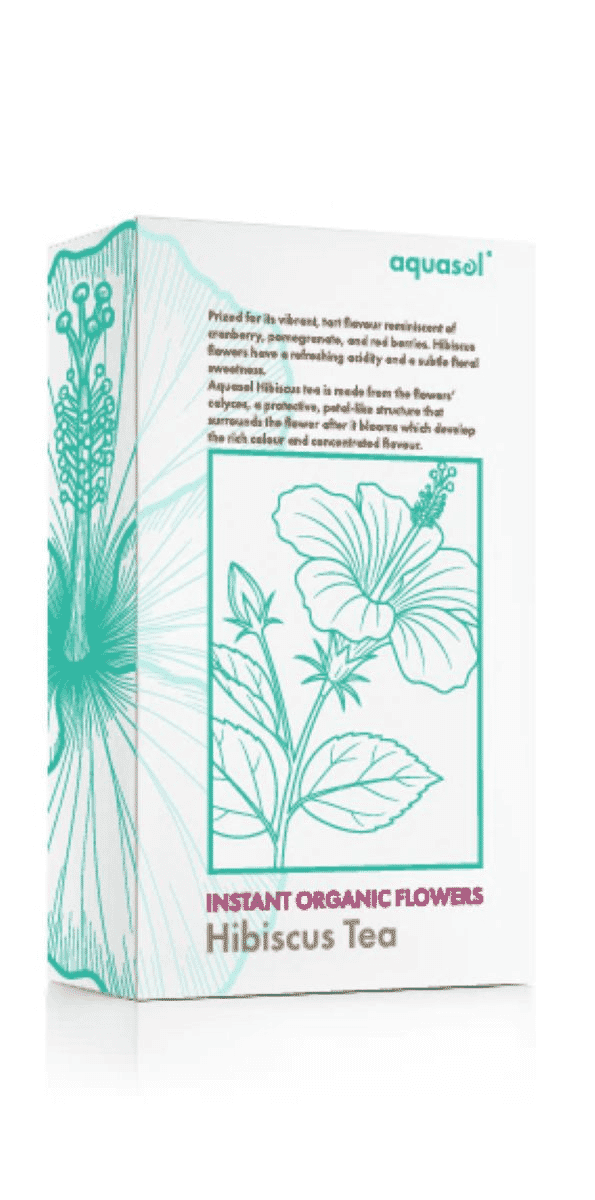 AquaSol Hibiscus Tea Instant Organic Flowers in a 20g package, showing vibrant dried hibiscus flowers for brewing herbal tea.
