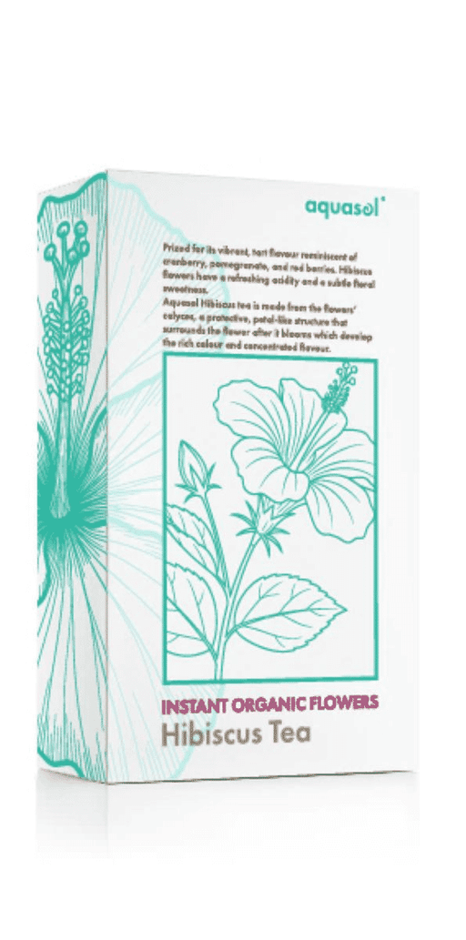 AquaSol Hibiscus Tea Instant Organic Flowers in a 20g package, showing vibrant dried hibiscus flowers for brewing herbal tea.