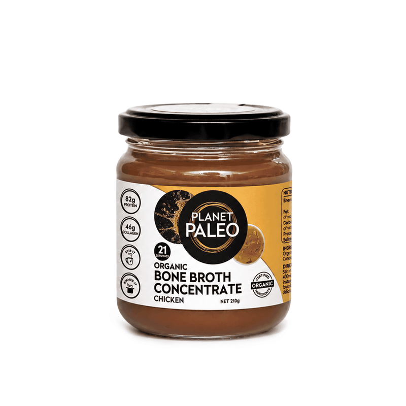 Planet Paleo Organic Chicken Bone Broth Concentrate in 210g jar, showing the label and packaging on a plain background.