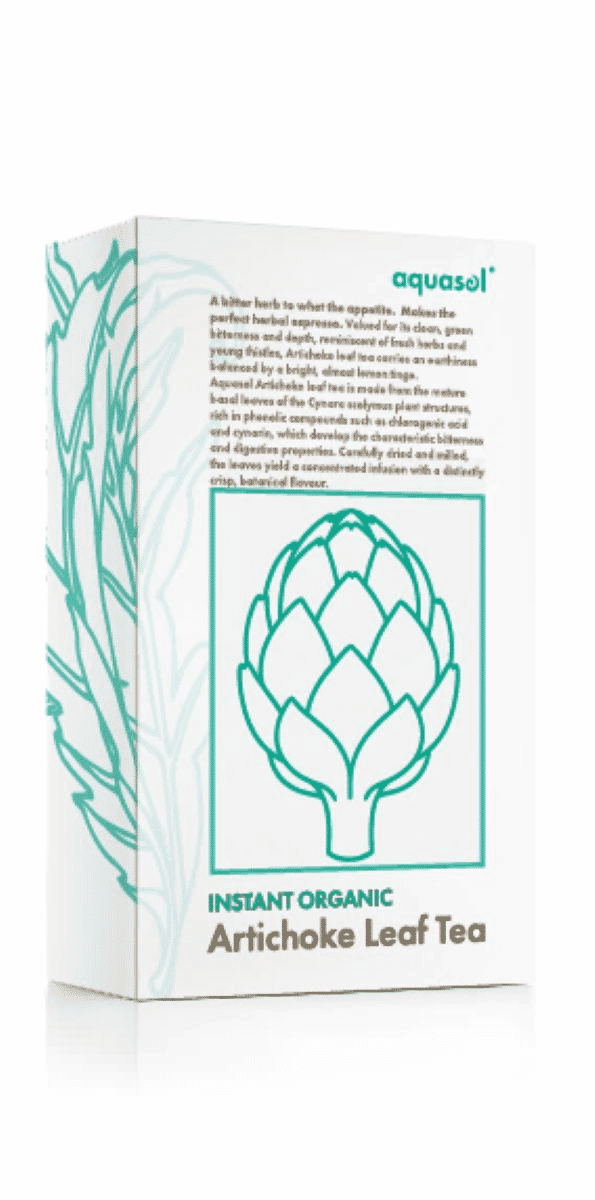 AquaSol Artichoke Leaf Tea 20g package with fresh artichoke leaves and tea sachets on a neutral background.