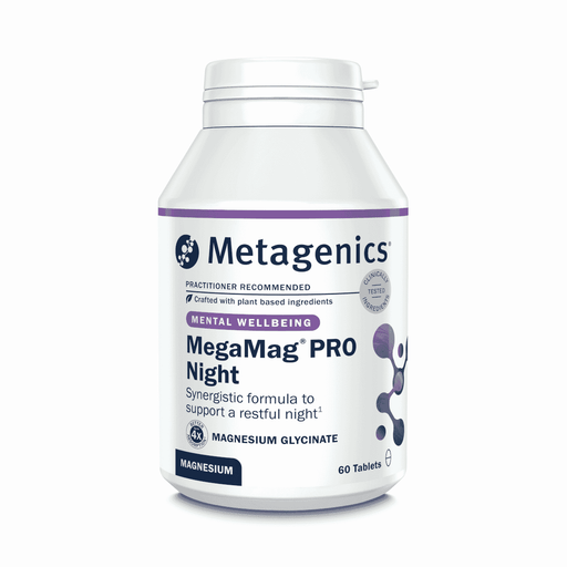 Bottle of Metagenics MegaMag PRO Night magnesium supplement with 60 tablets, featuring a white label and colorful branding.