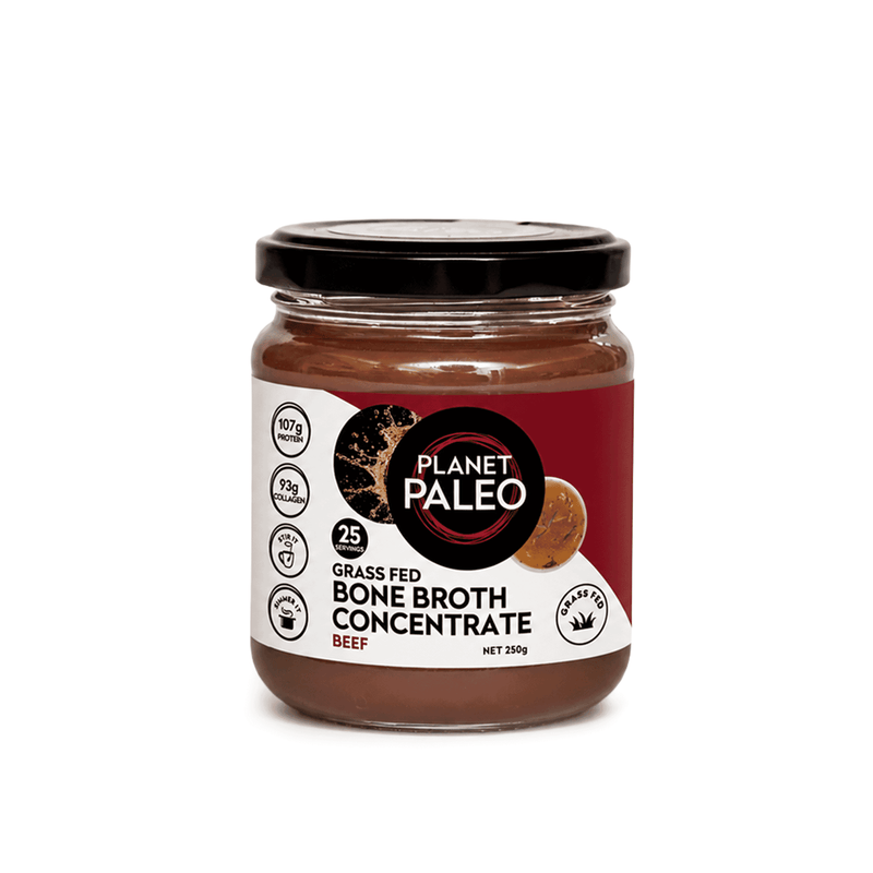Planet Paleo Grass Fed Beef Bone Broth Concentrate 250g jar with label, showcasing the product's packaging and branding.