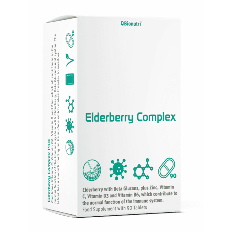 Bionutri Elderberry Complex supplement bottle with label, showing 90 capsules for immune support and wellness.
