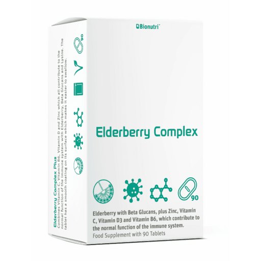 Bionutri Elderberry Complex supplement bottle with label, showing 90 capsules for immune support and wellness.