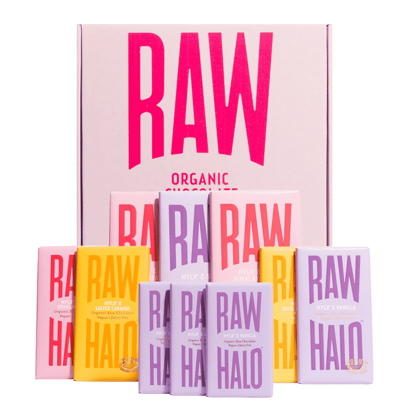 Raw Halo Organic Chocolate Mylk Gift Collection with 10 bars, featuring assorted raw, vegan chocolate bars in colorful packaging.
