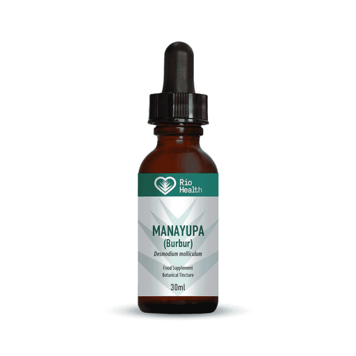 Bottle of Rio Health Manayupa (Burbur) herbal remedy in 30ml size, with label showing product name and brand.