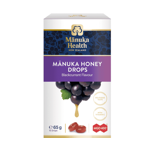Manuka Health Products Manuka Honey Drops with blackcurrant flavor, MGO 400+, 65g, 15 pieces, natural throat lozenges