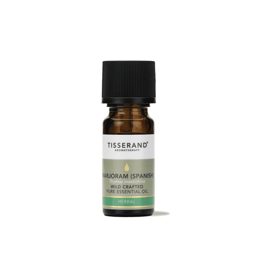 Tisserand Spanish Marjoram wild-crafted pure essential oil 9ml bottle with label and clear glass container.
