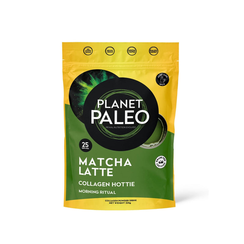 Planet Paleo Matcha Latte Collagen Hottie in 225g container, featuring vibrant matcha powder and collagen blend for a nutritious beverage.