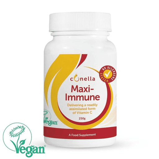 Conella Maxi-Immune 250g jar showing the label and product packaging with a white lid and clear branding.