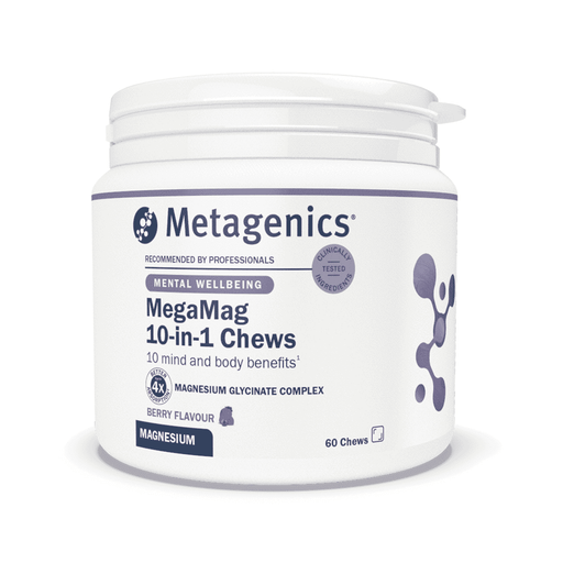 Metagenics MegaMag 10-in-1 Chews, vitamin and mineral supplement in a bottle of 60 chewable tablets with colorful packaging