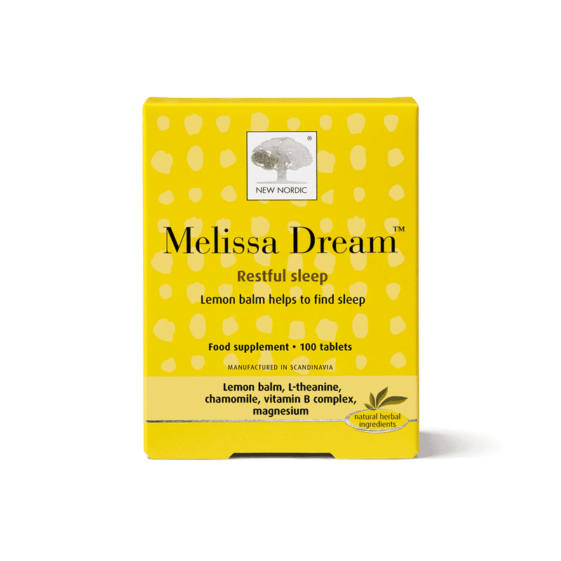 New Nordic Melissa Dream 100s vitamins and supplements bottle with lavender and lemon balm imagery