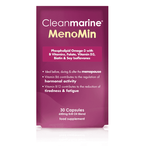 Cleanmarine MenoMin 30s supplement bottle with label, showing dietary supplement for menopause support, in a clear view.