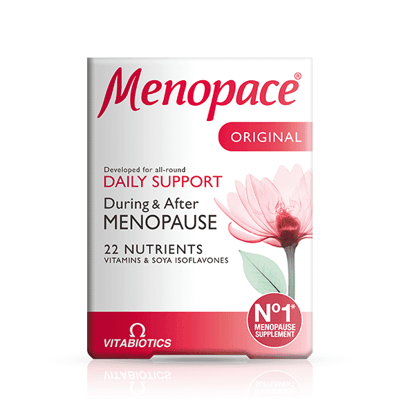 Box of Vitabiotics Menopace 90s supplement tablets with branding and product packaging visible in the image