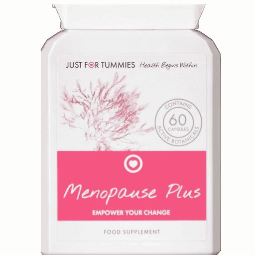 Just For Tummies Menopause Plus 60s supplement bottle with label showing product name and branding for menopause support.