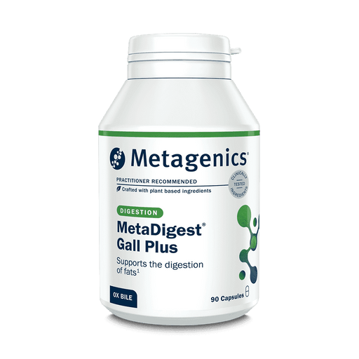 Bottle of Metagenics MetaDigest Gall Plus dietary supplement capsules, white container with label, 90 capsules inside.