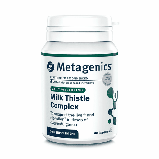 Metagenics Milk Thistle Complex bottle with 60 capsules, featuring a label with herbal supplement details and branding.