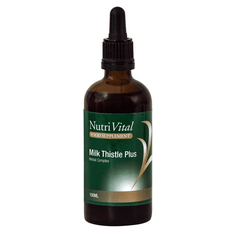 Nutrivital Milk Thistle Plus 100ml bottle with herbal extract, featuring a white label and green accents on a white background.