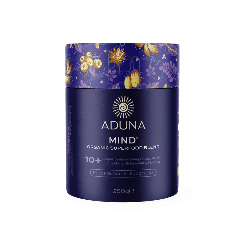 Aduna Mind Organic Superfood Blend 250g in a resealable bag with a colorful label, showcasing the healthy superfood mix.