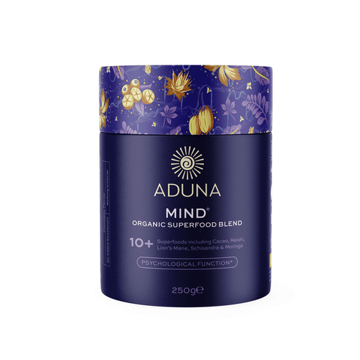 Aduna Mind Organic Superfood Blend 250g in a resealable bag with a colorful label, showcasing the healthy superfood mix.