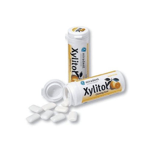 Good Health Naturally Miradent Xylitol Gum Fresh Fruits flavor, 30 pieces per pack, 12 packs in case, showing colorful gum packaging.
