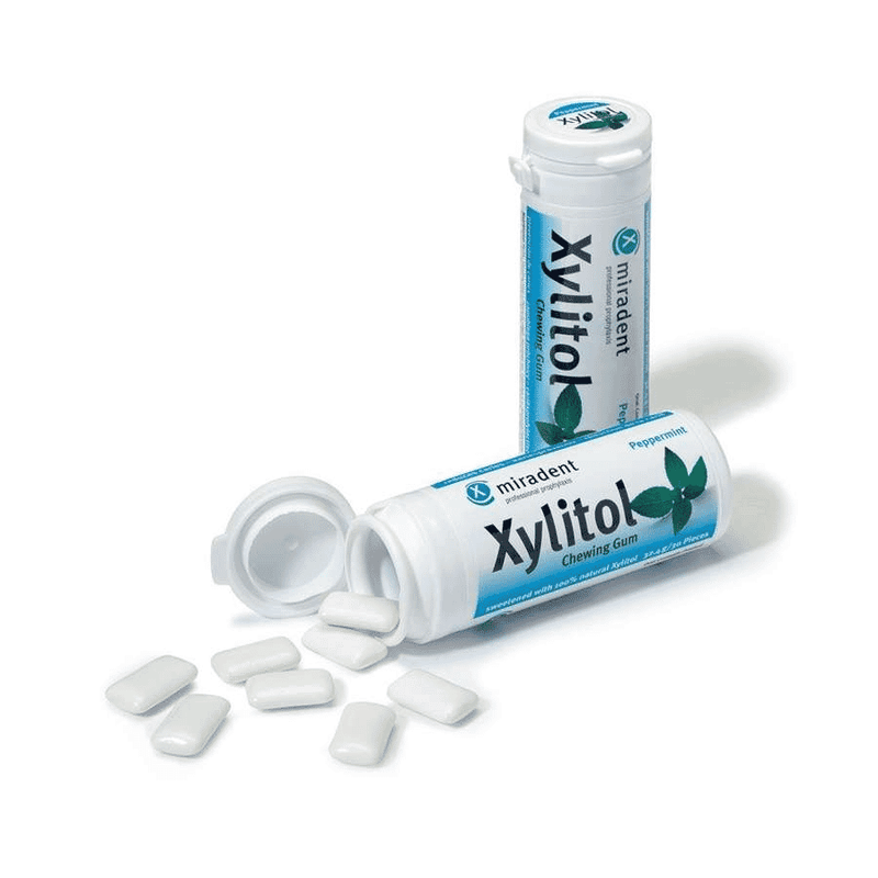 Good Health Naturally Miradent Xylitol Peppermint Gum, 30-piece pack, showing individually wrapped gum pieces with peppermint flavor.