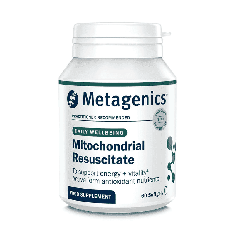 Bottle of Metagenics Mitochondrial Resuscitate 60 capsules with label showing product details and branding.