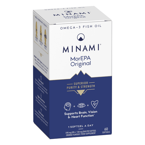 Minami MorEPA Original 60s supplement bottle with label showing omega-3 fish oil capsules in clear blister packs.