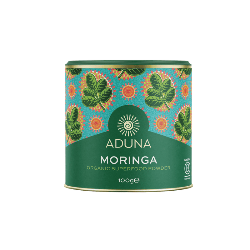 Organic Aduna Moringa superfood powder in a 100g package, featuring vibrant green moringa powder in a resealable bag.