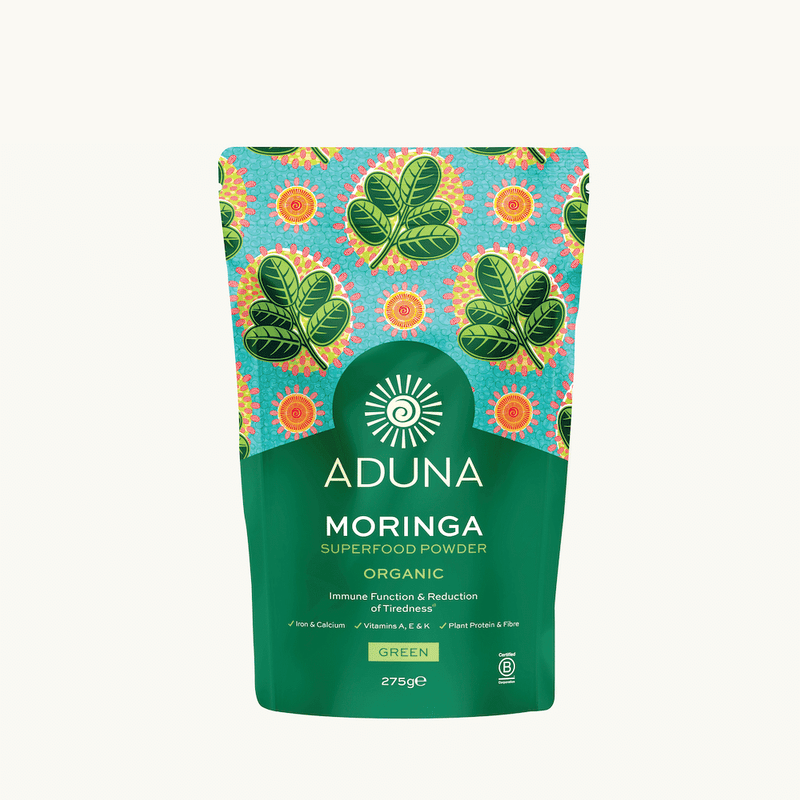Organic Aduna Moringa Superfood Powder in a 275g bag, showing the powdered green supplement and packaging.