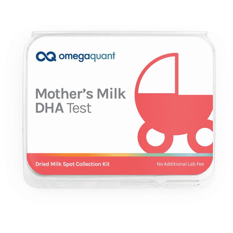 Omega Quant Mother's Milk DHA Test kit showing packaging and test components for measuring DHA levels in mother's milk.