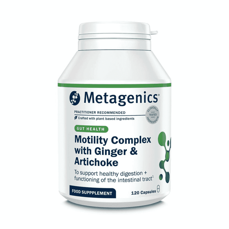 Metagenics Motility Complex supplement bottle with ginger and artichoke extract capsules, 120-count.