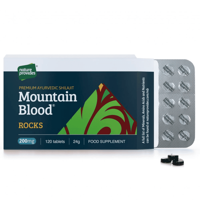 Nature Provides Mountain Blood® Rocks 120s, natural mineral rocks with vibrant red and earthy tones, displayed in a clear container.