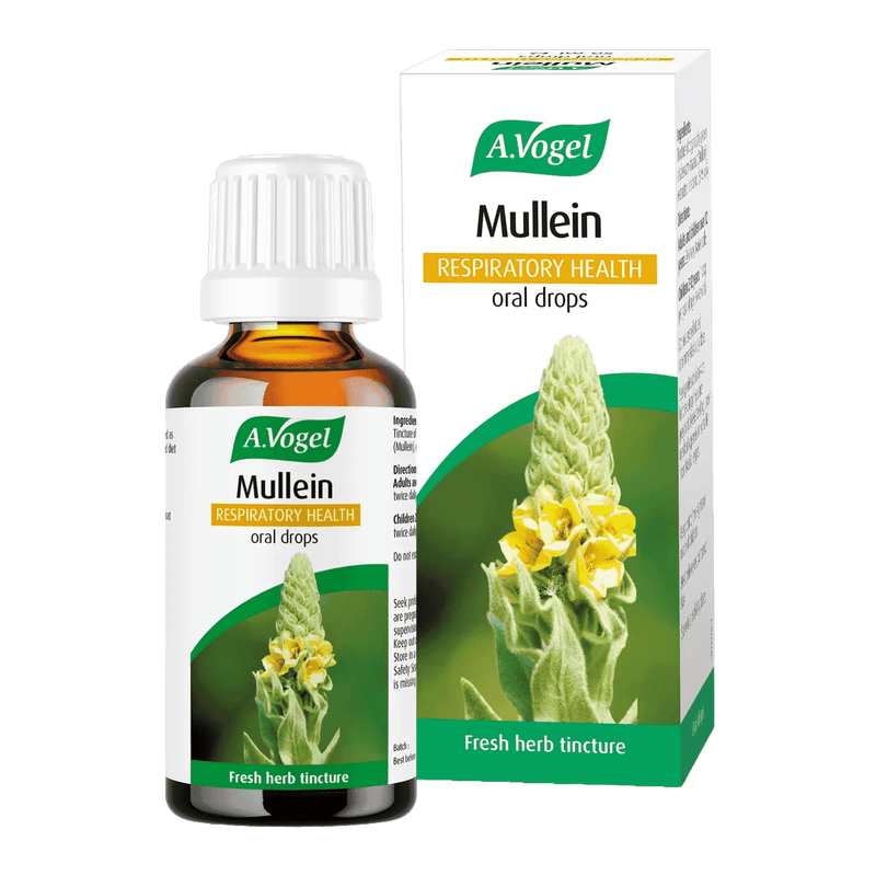 A Vogel BioForce Mullein Respiratory Health 50ml bottle, featuring herbal supplement with mullein for respiratory support.