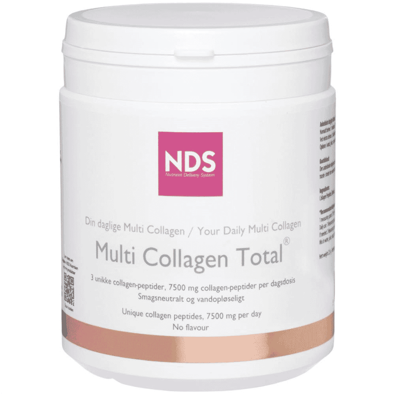 NDS Multi Collagen Total 225g container with a clear label showing collagen supplement powder in a jar.