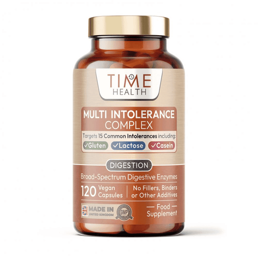 Time Health Multi Intolerance Complex 120 capsules bottle, dietary supplement for multiple intolerances, with colorful label and capsule images.