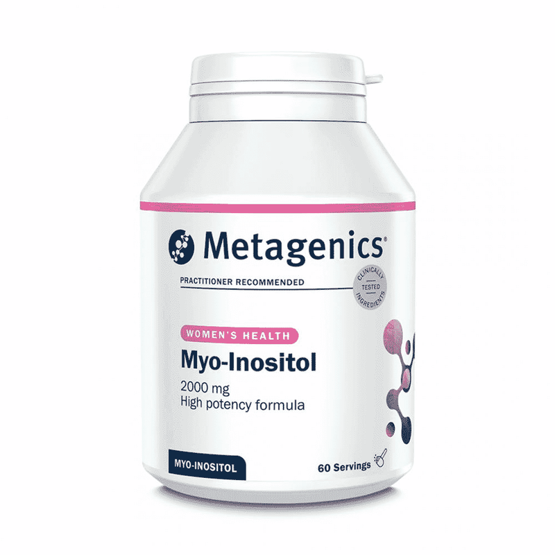 Bottle of Metagenics Myo-Inositol supplement with 60 servings, featuring a white container and label displaying product details.