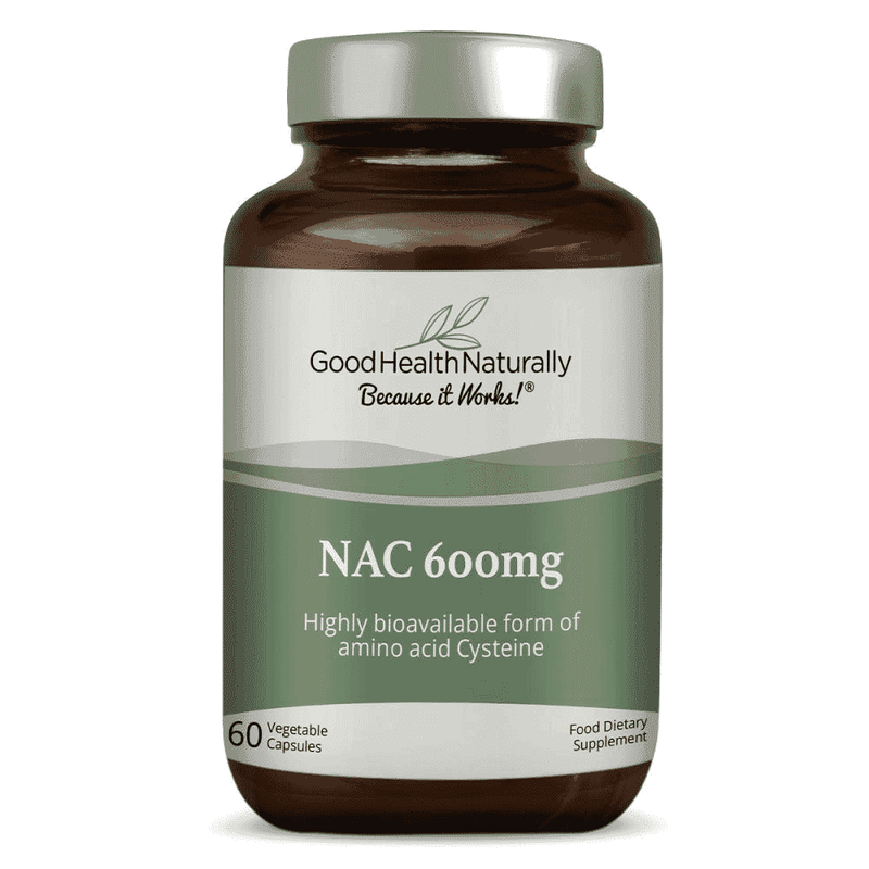 Bottle of Good Health Naturally NAC 600mg supplement with 60 capsules, featuring white and green packaging.