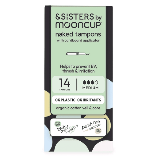 Mooncup Naked tampons with cardboard applicator, medium size, 14-pack, shown in open packaging with applicator and tampons visible.